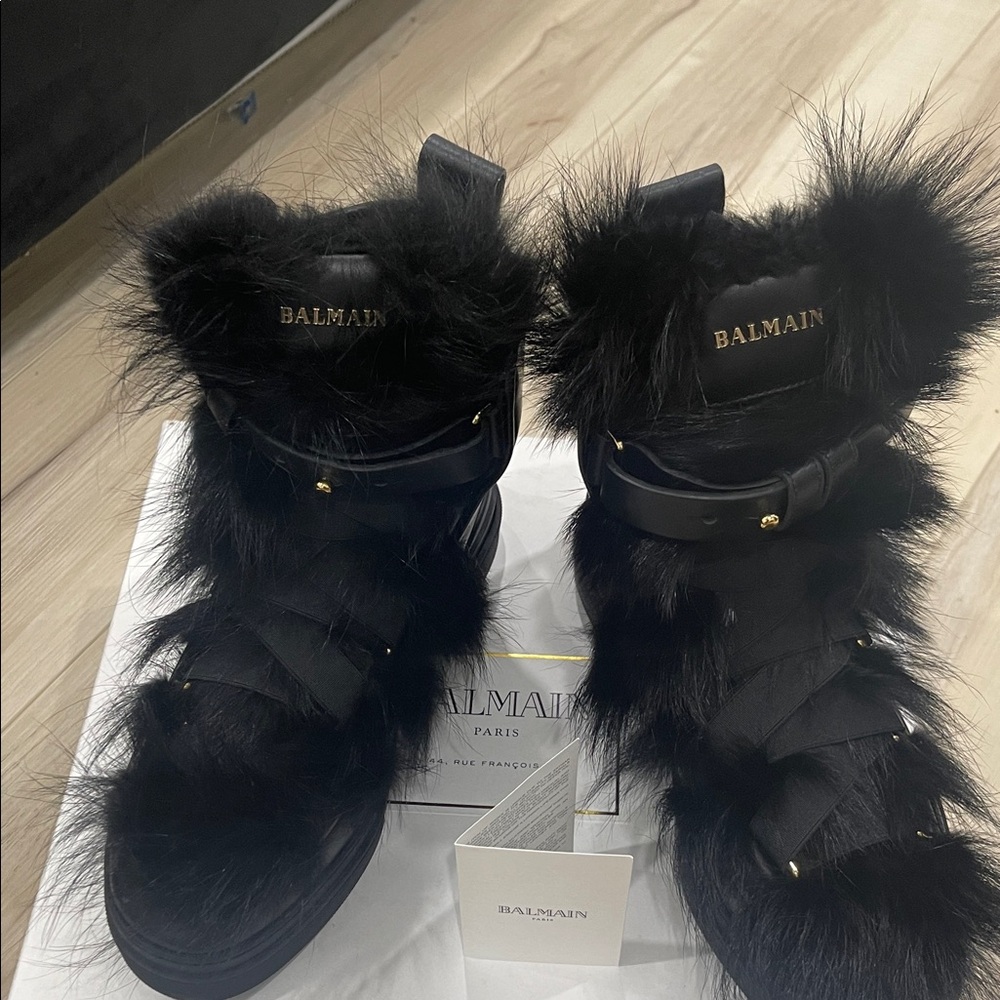 Balmain Black Fur Combat Boots - Picture 3 of 9